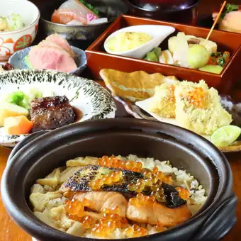松コース『前菜珍味盛・煮込み牛タン焼き・松茸と牛時雨ご飯』飲み放題込み8500円⇒8000円