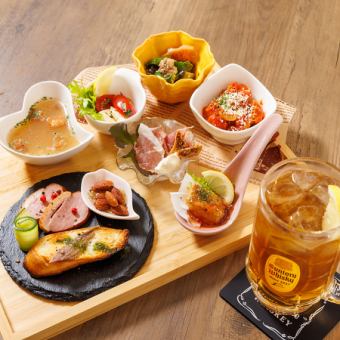 ディナー専用！ タパスセット(1,500円、ワンドリンク付き、日替わり6～7皿)