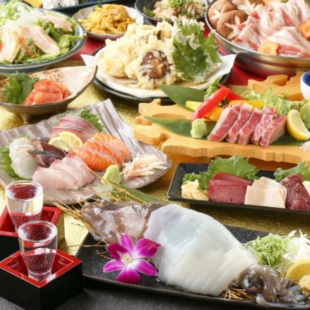 【豪華】附3小時無限暢飲◆國產牛排、整條魷魚刺身、5種刺身等共10道菜品“弁慶豪華套餐”