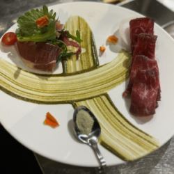長野県信州産原木生ハムと自家製和牛のブレザオラ盛り合わせ～ワサビフレーバー～