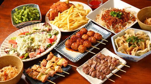 【长石人气创意菜单套餐♪附2小时无限畅饮】炭火烤鸡肉串和人气菜单共9道菜品!