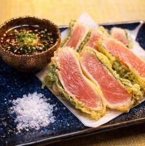 Rare tempura of chicken fillet with shiso