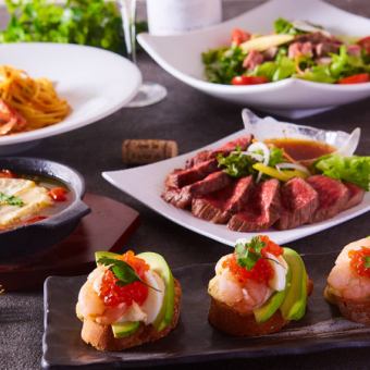 《今が旬！ワタリガニのトマトパスタ、若鶏&牛ステーキ食べ比べなど》3時間飲み放題付3980円