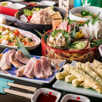 「花水木～春日套餐」 蟹肉棒天婦羅、內臟鐵板燒等10道菜品、3小時無限量暢飲 6000日元 ⇒ 5000日元