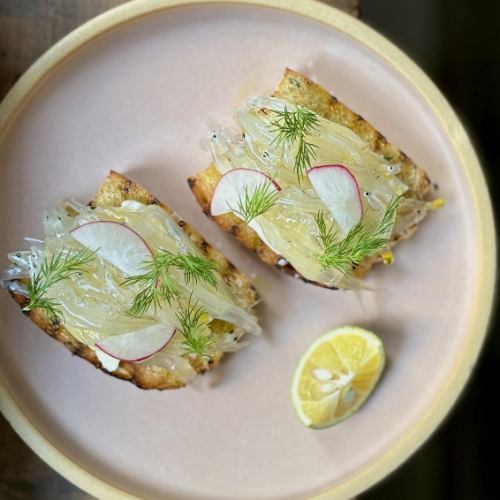Bruschetta with whitebait from Fukushima Prefecture and homemade fermented butter