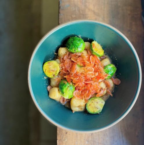 Homemade gnocchi with sakura shrimp and Brussels sprouts