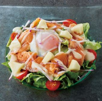 Marinated salmon and soft-boiled egg salad