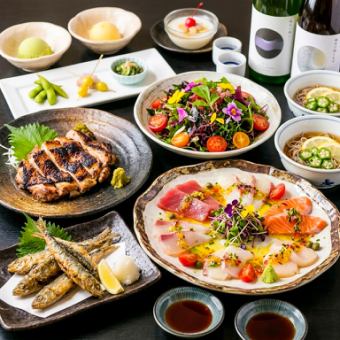 2H飲放│大山鶏ステーキと彩りカルパッチョ！海藻サラダと冷そばの全7品「炭治郎コース」4,400円