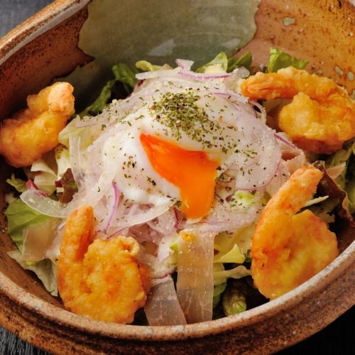 Shrimp fritters and hot spring egg Caesar salad