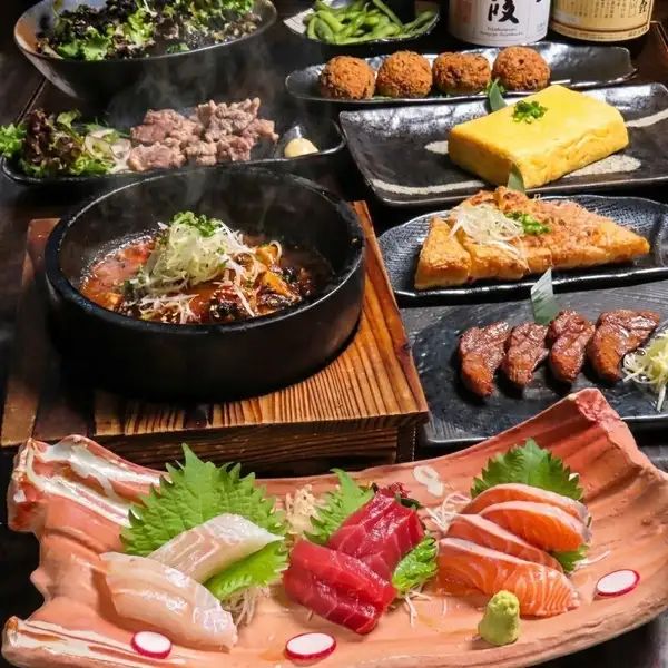 【厳選旨いもんコース】直送刺身3点盛+牛タン炭火焼き全9品120分地酒飲放付5500円→4500円