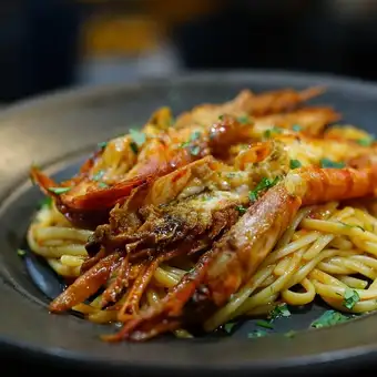Linguine with red shrimp in tomato sauce