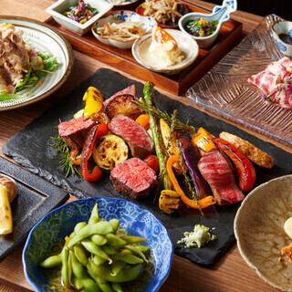 Extreme course! Japanese black beef A5 rank [Sendai beef] 10 dishes including roast, Hayashi SPF pork, horse sashimi, etc. 2 hours all-you-can-drink included