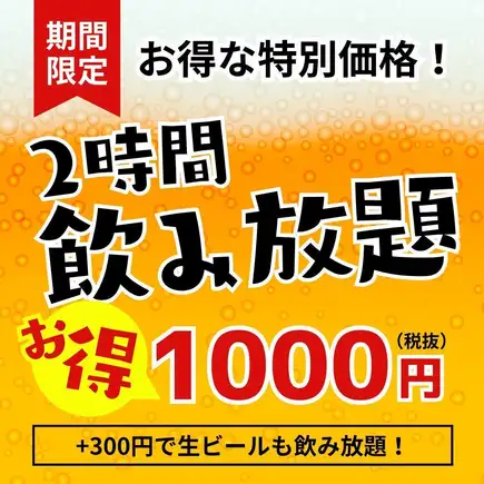 【2時間飲み放題】ドリンク100種類以上◎1,500円→1,000円〈+300円で生ビールもOK!〉