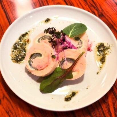 Chicken breast roll with prosciutto, shiso leaves and cheese