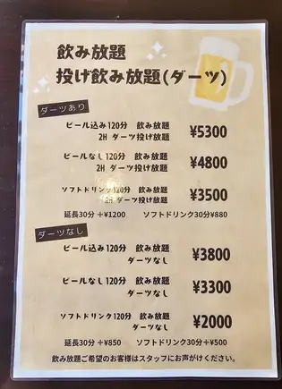 【無飛鏢】120分鐘無限暢飲軟飲：2000日圓（含稅）