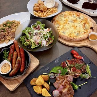 《定番コース！》ひまわりキッチンのディナーを味わう肉・ピザ・ライスの７種コース
