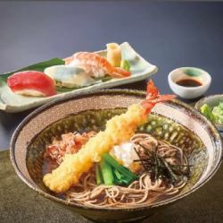 大海老天おろしそばと寿司セット