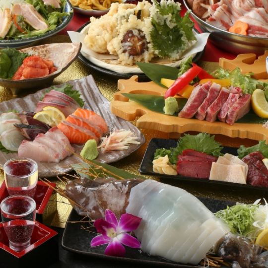 Most popular☆Perfect for drinking parties◎Freshly-slaughtered squid sashimi/horse meat/beef sirloin robatayaki◆Kyushu mini trip course 250 types of all-you-can-drink for 2 hours