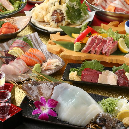 Perfect for farewell and welcome parties! Freshly slaughtered squid sashimi / beef skirt steak robata / seared local chicken ◆ Kyushu mini-trip course with 250 varieties and 2 hours of all-you-can-drink