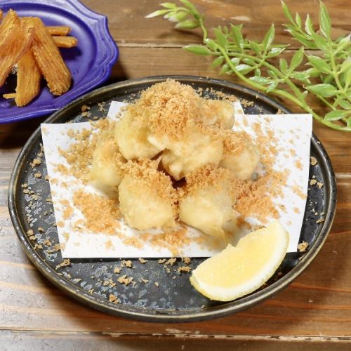 ふぐの白子の天ぷら　鯛のカラスミがけ
