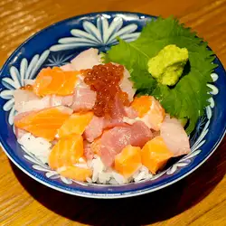 Mini seafood rice bowl topped with salmon roe