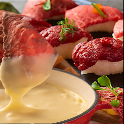 生付き3時間飲み放題！　肉寿司＆チーズフォンデュ【ダブルメイン食べ放題コース】11品3800円 