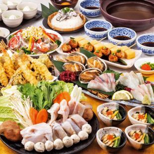 <生本マグロ付き>【忘新年会】とらふぐのちり鍋や蒸鮑入り刺身盛等全8品+2H飲放付6500円