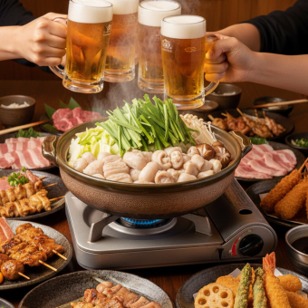 【生ビール付き3時間飲み放題】もつ鍋 焼き鳥 串揚げ含む全25品食べ放題【4280円→3280円】