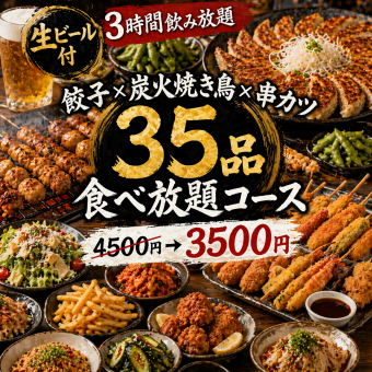 D【生ビール付3時間飲み放題】餃子×炭火焼き鳥×串カツ35品食べ放題コース【4500円→3500円】