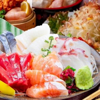 ◆本まぐろ付き！刺身五点盛り＋やきとり盛合わせコース◆飲み放題付3,500円(税込)