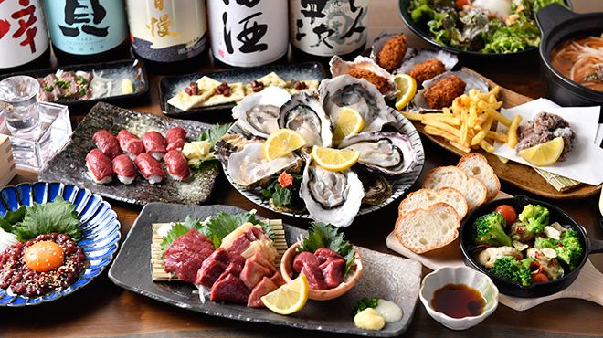 Enjoy horse meat and oysters! The all-you-can-drink course starts at 4,400 yen and is a great deal!