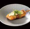 Rare fried bluefin tuna skewers