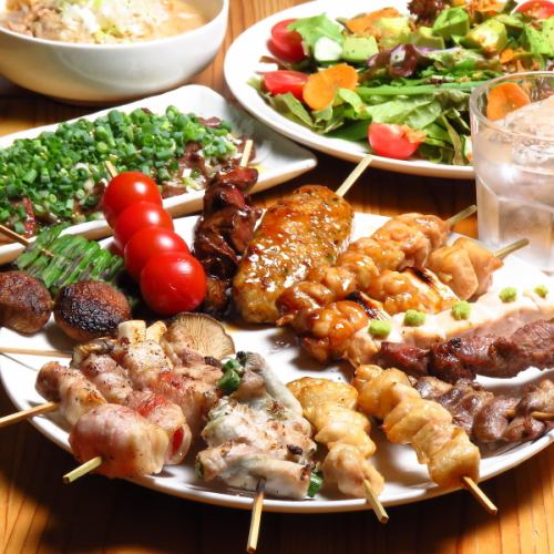 Enjoy skewers of chicken, pork, beef, and vegetables, starting at 150 yen each!