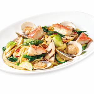 Clams, spring vegetables, and white fish peperoncino