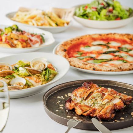 3-hour all-you-can-drink included. Sunday to Thursday only. ★ Salvatore Plan ★ 11 dishes including chicken saute and wood-fired pizza.