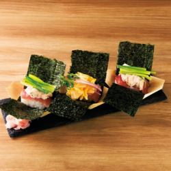 Boat spill hand-rolled sushi with tuna, 3 pieces