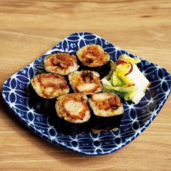 Sake accompaniment: sushi rolls with yakitori and mayonnaise