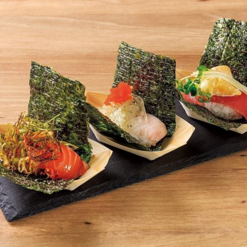 Three popular hand-rolled sushi pieces