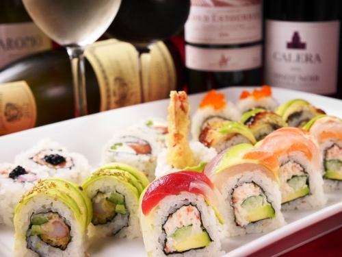 Creative sushi roll and wine