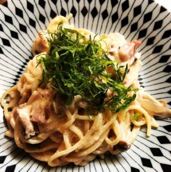 Mentaiko pasta with perilla leaves and seasonal vegetables