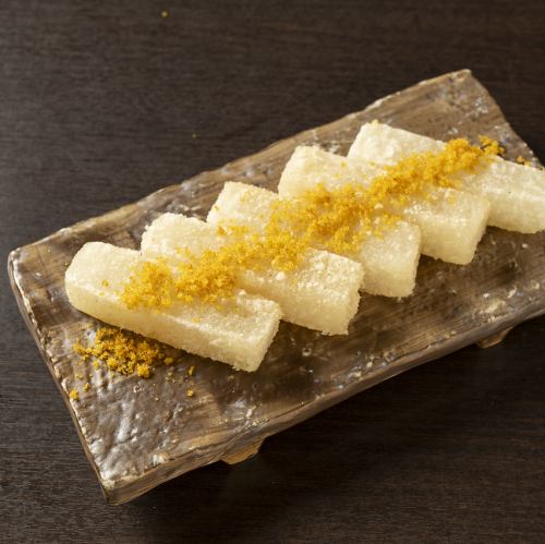 Deep-fried daikon radish with karasumi (dried mullet roe) from Miyazaki Prefecture