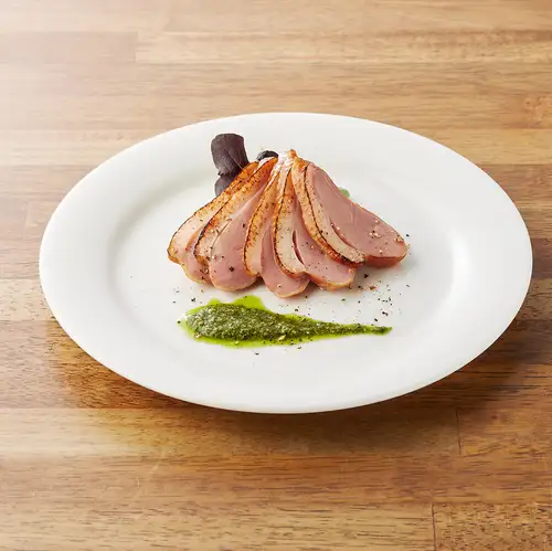 Smoked roast duck with basil sauce