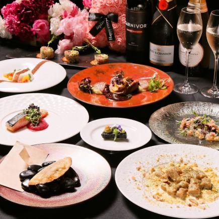 A5仙台和牛菲力牛排、水煮鵝肝、鮭魚半熟等共10道菜。 《Mirto套餐》13,000日圓
