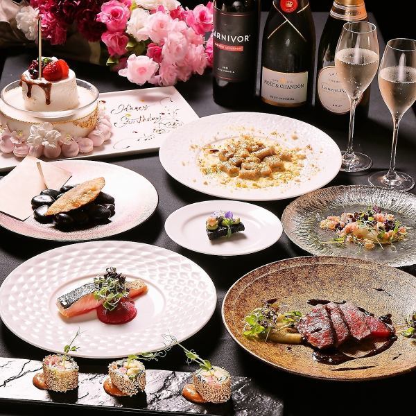 【週年慶尊享套餐】包含烤A5仙台牛肉、鮭魚、貽貝等10道菜品。 ≪Mprime套餐≫