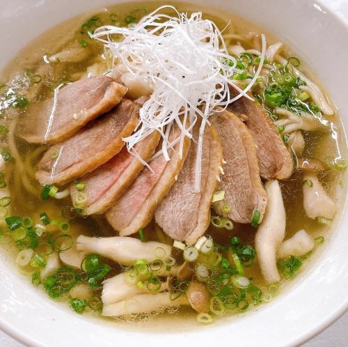 Soba noodles with duck meat and various mushrooms, including matsutake mushroom