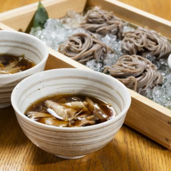 Rich mushroom dipping soba noodles with soup made with Beppu Sakura hot spring water