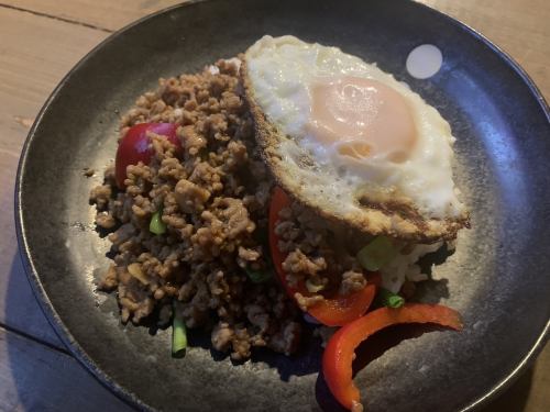 Gapao rice (spicy stir-fried minced meat with rice and fried egg)