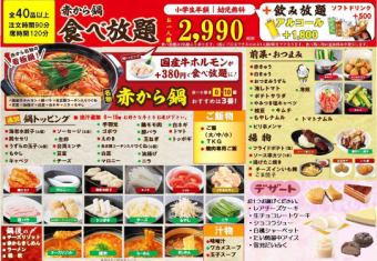 All-you-can-eat Akakara hotpot with a wide variety of fried foods and snacks, and a choice of desserts + 2-hour all-you-can-drink standard course