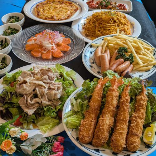 【精選食材】享用岩手縣產方舟農場豬肉涮涮鍋沙拉和炸大蝦！含無限暢飲套餐。