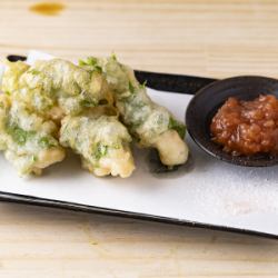 Chicken fillet and shiso tempura with plum sauce